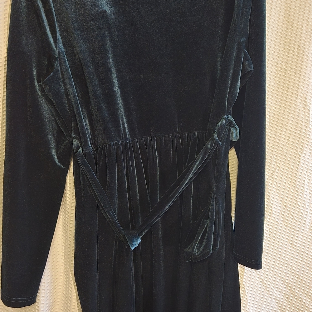 Zattcas Elegant Velvet Velour Dark GREEN Long Sleeve Maxi Dress Belt Pockets XXL